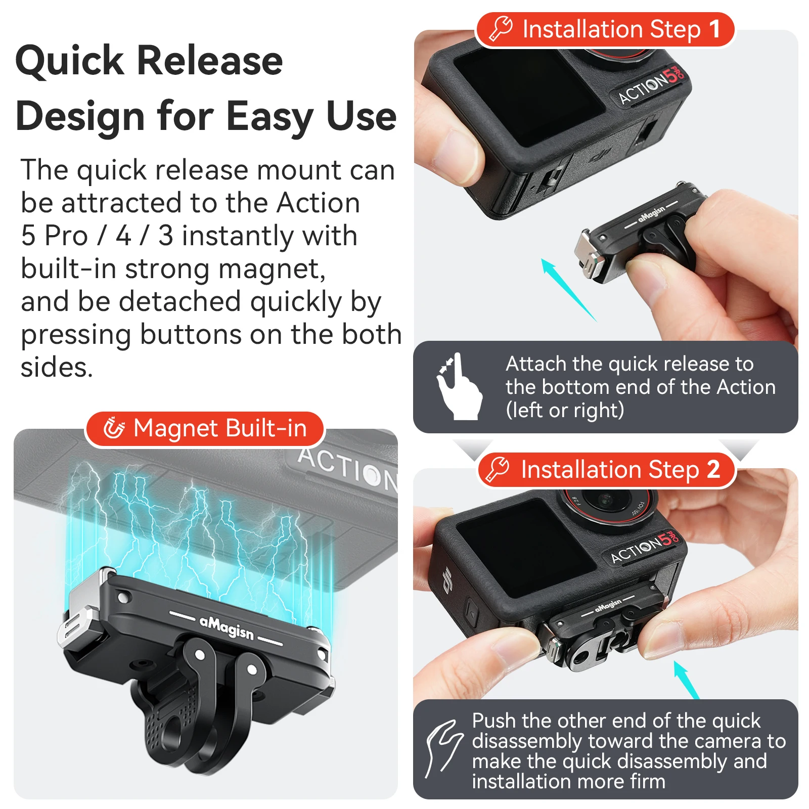 aMagisn Quick Release Adapter Mount for DJI Osmo Action 5 Pro 4/Action 3 Aluminum Alloy Magnetic Bracket Expansion Accessories - Image 4