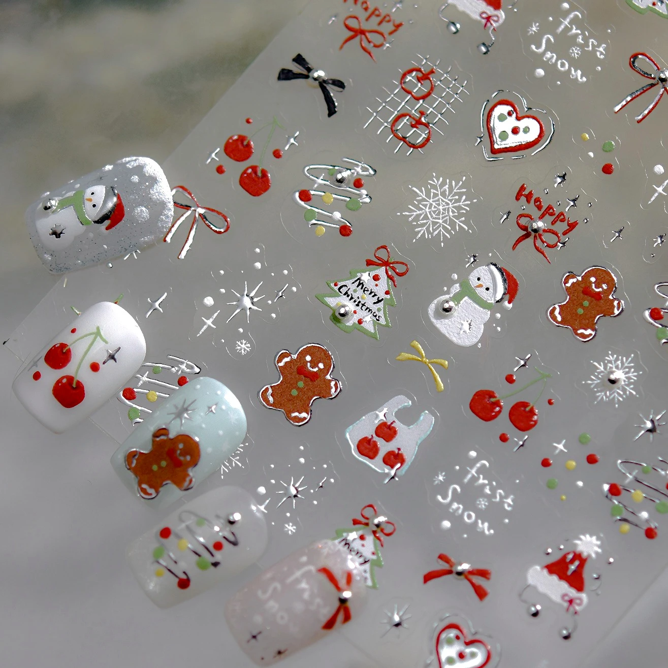 

First Snow Christmas Snowflake Fruit Apple Snowman Tree Cherry Bowknot Star Chic Silver Beads Nail Art Stickers Manicure Decals