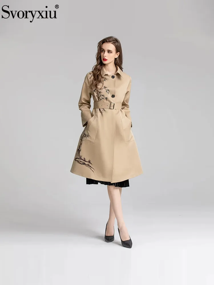 

Svoryxiu Fashion Runway Autumn Winter Floral Print Trench Coats Women's Turn-down Collar Long Sleeve Belt Slim A-Line Outerwear