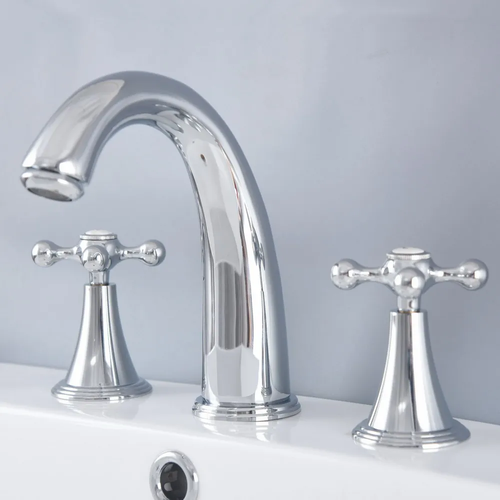 

Polished Chrome Brass Deck Mounted Dual Handles Widespread Bathroom 3 Holes Basin Faucet Mixer Water Taps mnf978