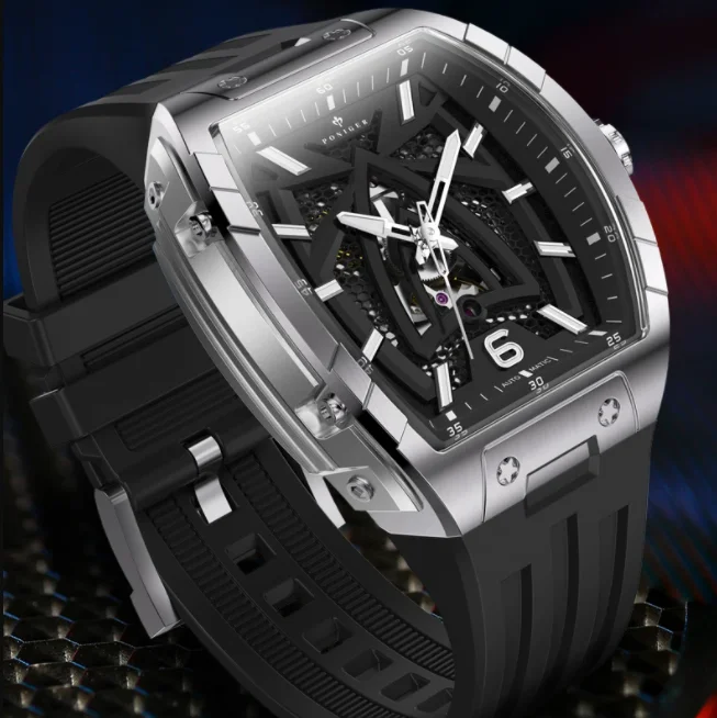 Мужские автоматические часы PONIGER, 44 мм, корпус Tonneau, механические наручные часы, сапфировый светящийся полый циферблат, резиновый ремешок