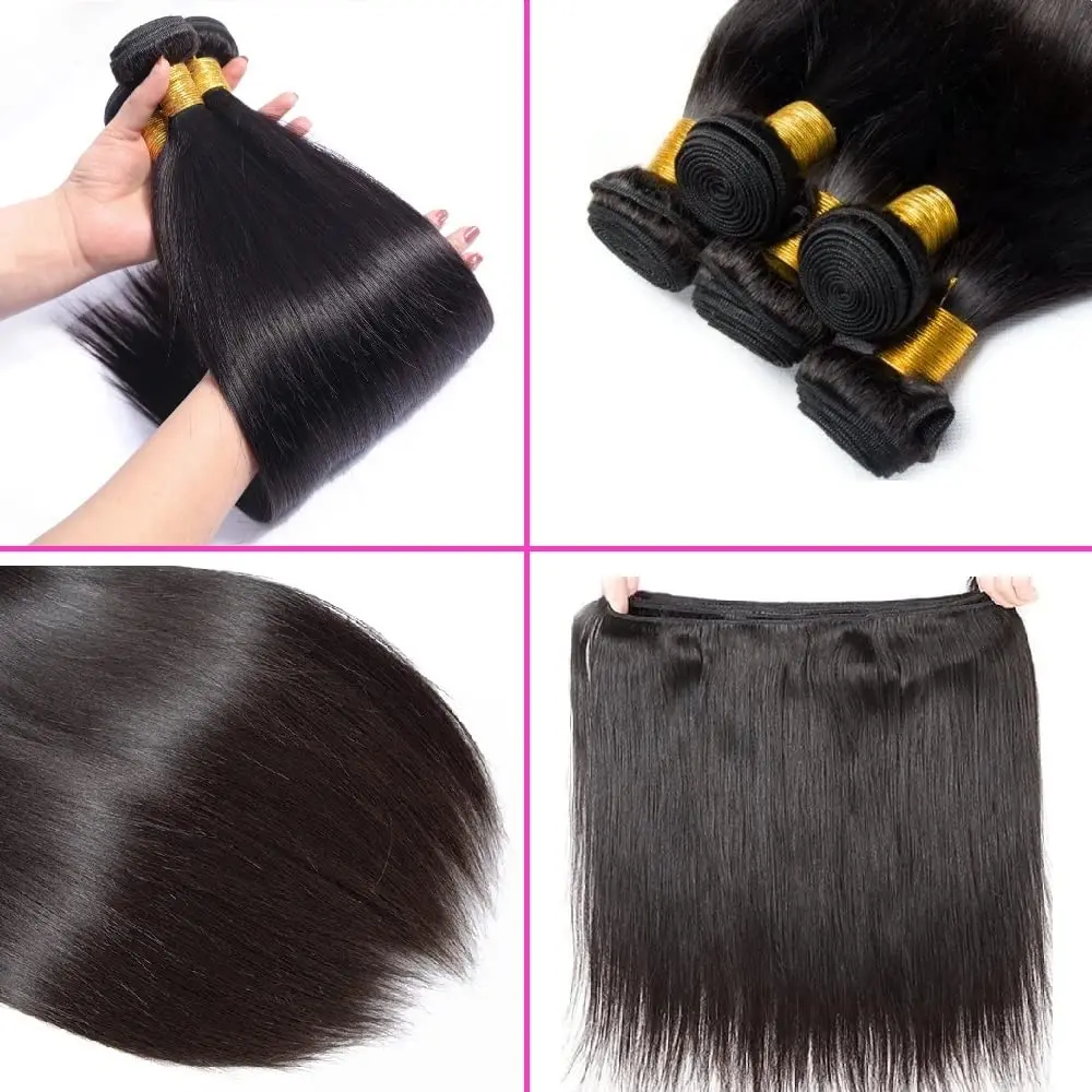 Bundles de cheveux humains raides, cheveux vierges brésiliens, 100% non transformés, chignon noir naturel, 18 po, 20 po, 22 po, 3 faisceaux