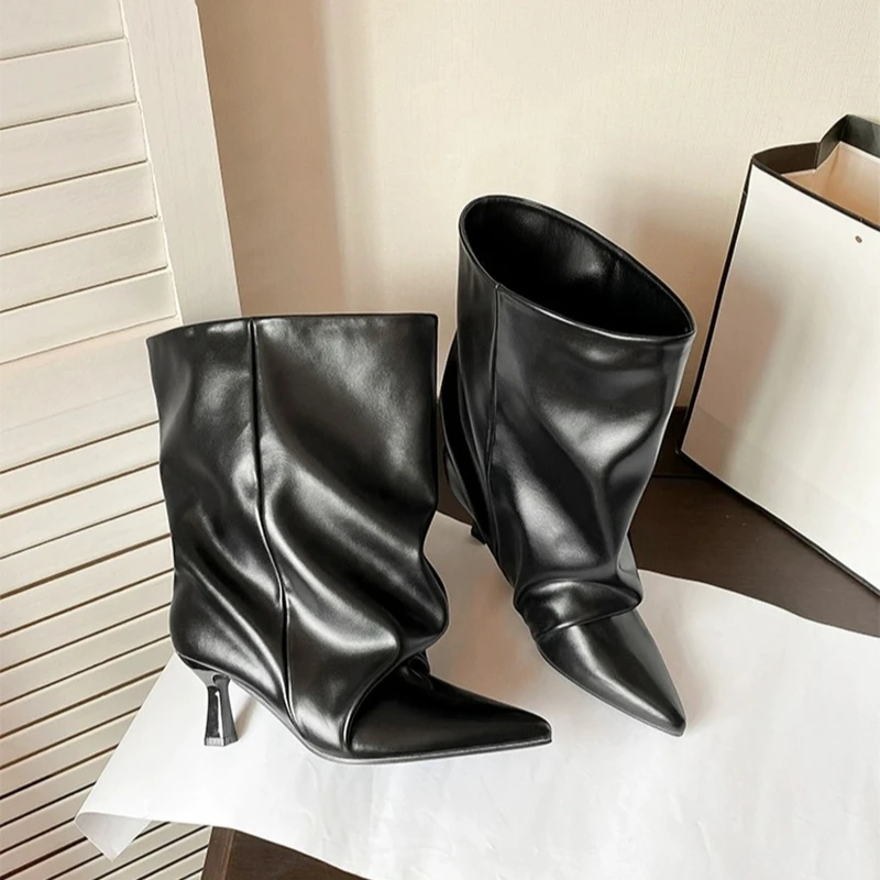 Herbst Winter Spitz Frauen Dünne Ferse Stiefeletten Street Style Slip Auf Party Kurze Botas Mujer – Detail 11