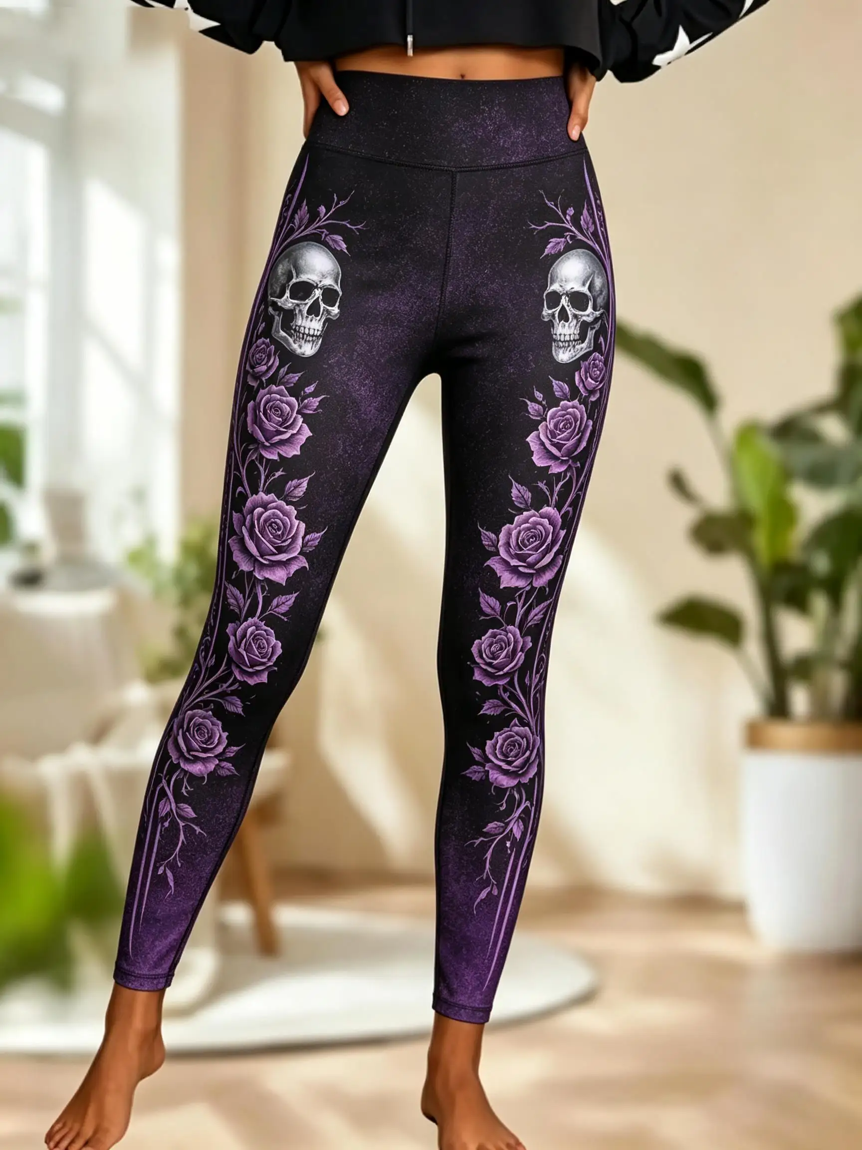 Women Halloween Fleece Mid‑Rise Leggings Gradient Skull Red Rose Floral Full Print Stretch Slim Pants