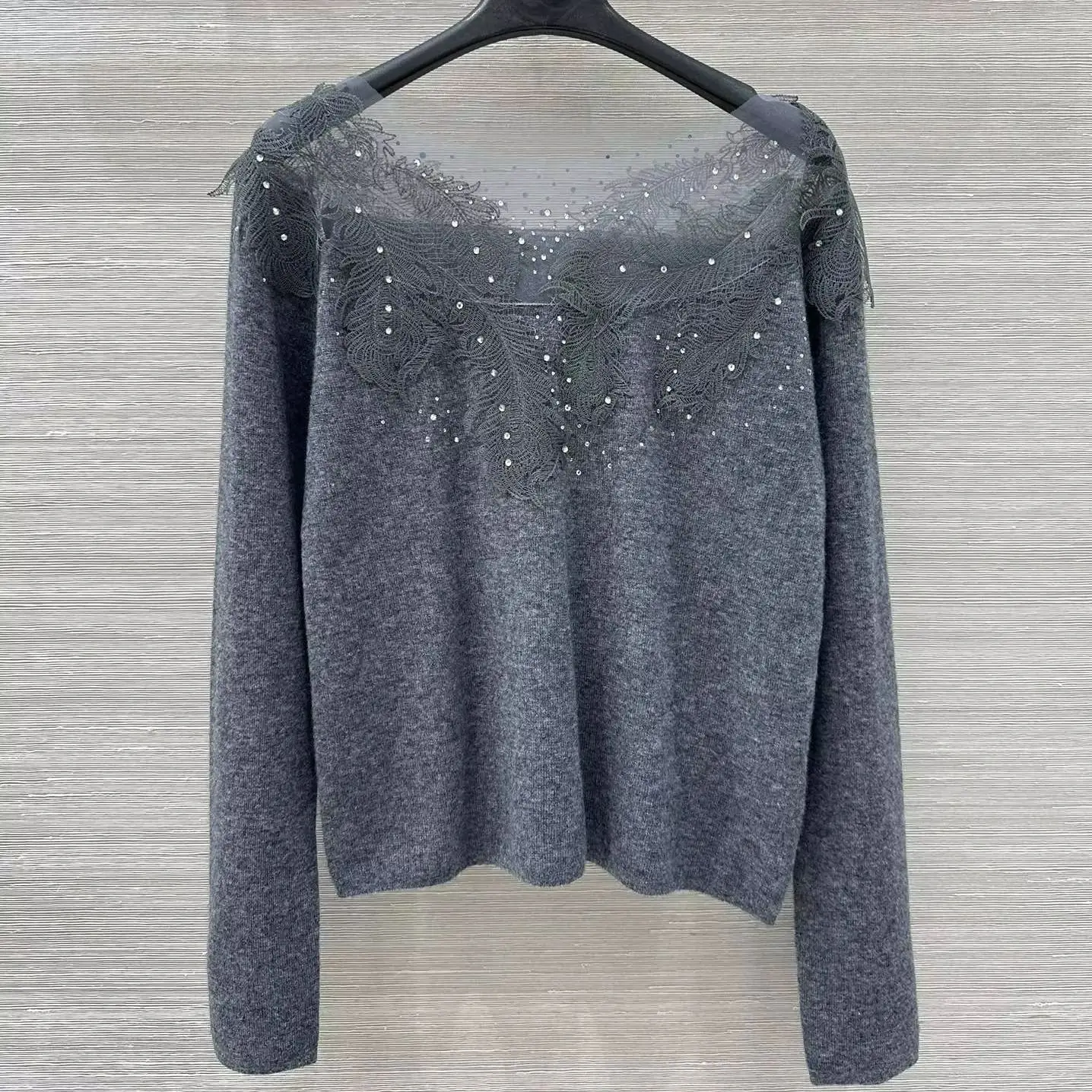 

Женский кашемировый свитер с кружевной вышивкой и длинным рукавом, элегантный вязаный пуловер с кристаллами и бисером, топы