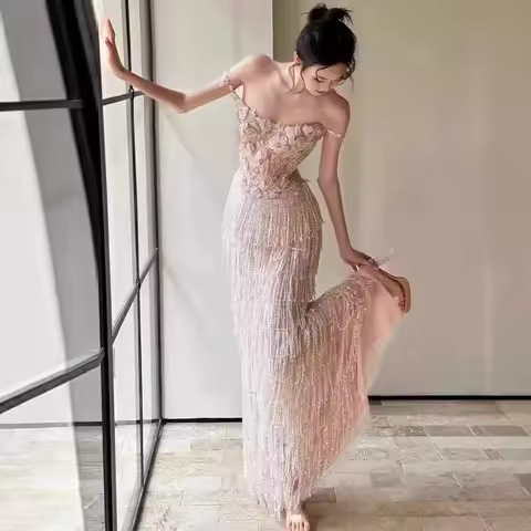 Tassel Dress Woman's Dress Evening Dress Princess Gown High-end Banquet Socialite Heavy Craft Engaget Light Luxury Evening Dress