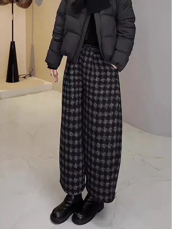 ارتفاع الخصر Thiened Fce الخريف الشتاء منقوشة مستقيم الساق بنطال ذو قصة أرجل واسعة تأثير التخسيس السراويل العصرية تسع نقاط #3