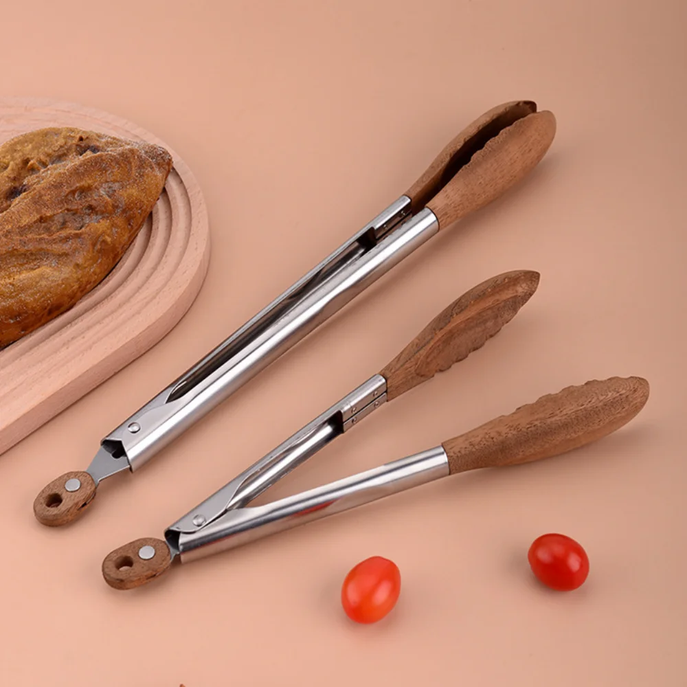 

Антипригарные щипцы для гриля для барбекю из орехового дерева с ручкой из нержавеющей стали, щипцы для салата, хлеба, десерта, простые в использовании, прочные зажимы для еды