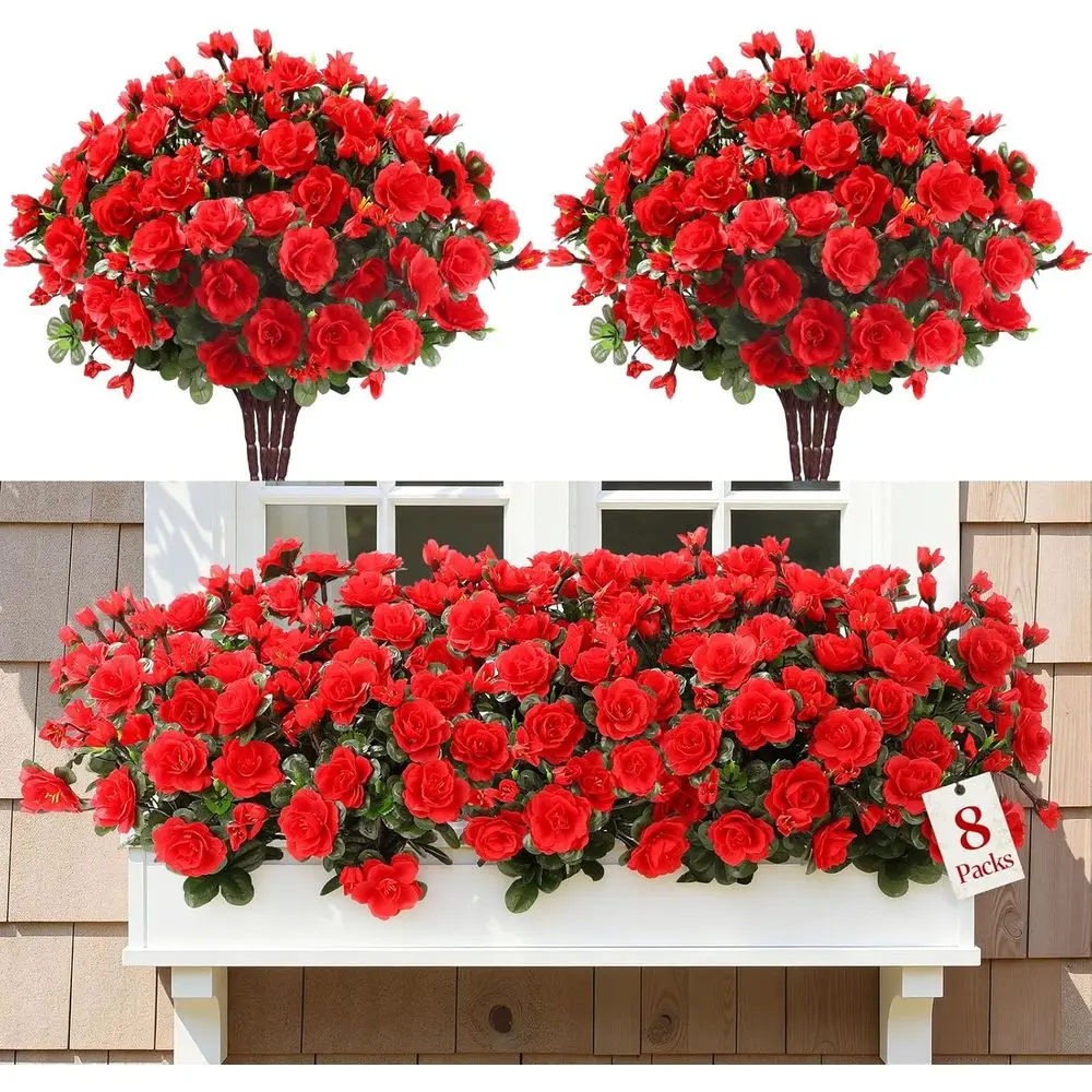 

Набор из 8 штук искусственных цветов камелии из шелка, устойчивых к УФ-излучению, для улицы, патио, балкона и сада, красного цвета