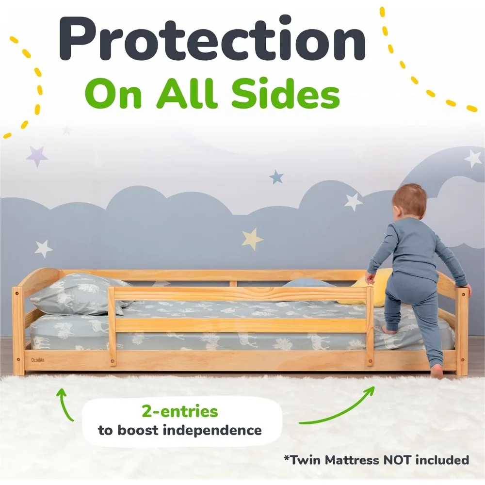 سرير مزدوج الطابق مع درابزين أمان للأطفال، مستوحى من مونتيسوري بقضبان وفتحتين، إطار سرير مزدوج الحجم لـ G #4