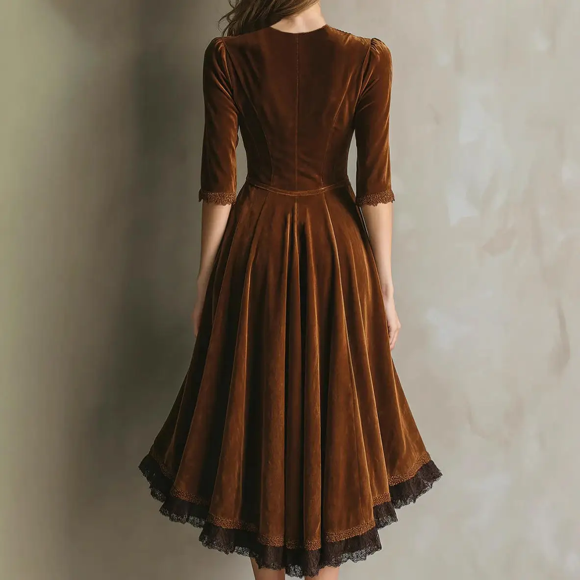 กระโปรงทรงเอวสูงผ้ากำมะหยี่แต่งลูกไม้ลายดอกไม้ ชายกระโปรงแบบไม่สมมาตร คอปกแบบ Dr. Western  สำหรับผู้หญิง  แฟชั่นฤดูใบไม้ร่วง