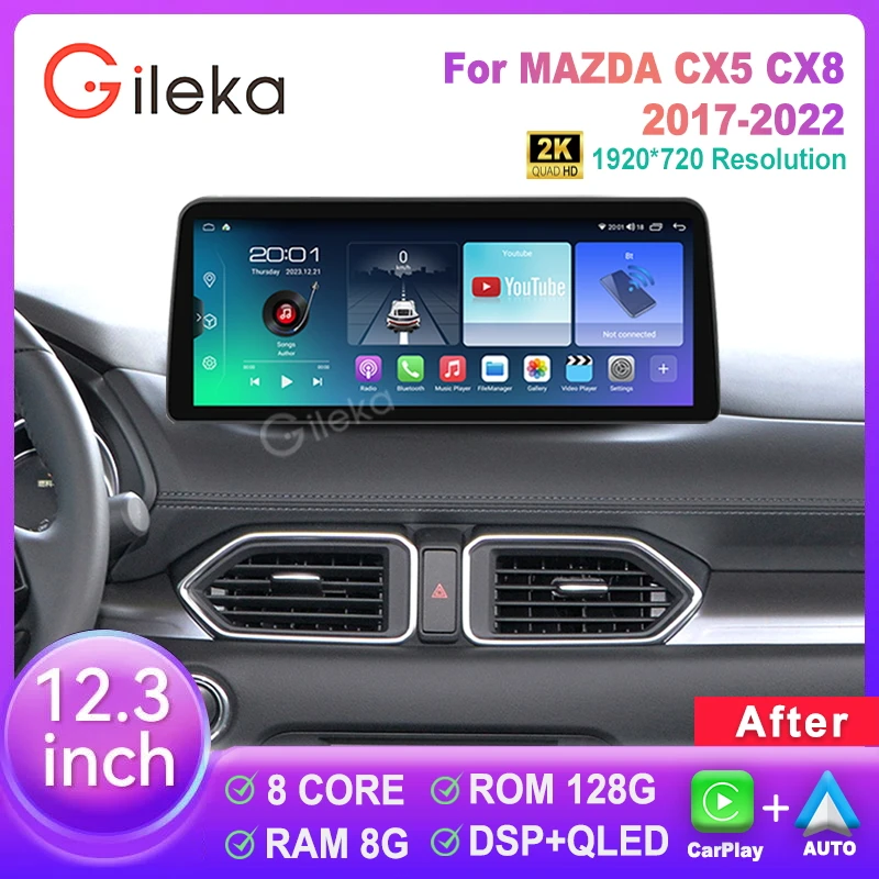 12.3 inch 2K Screen Carplay Android 14 For MAZDA CX5 CX-5 CX8 2017 2018 2019 2021 2022 Radio Player GPS WIFI BT Head Unit