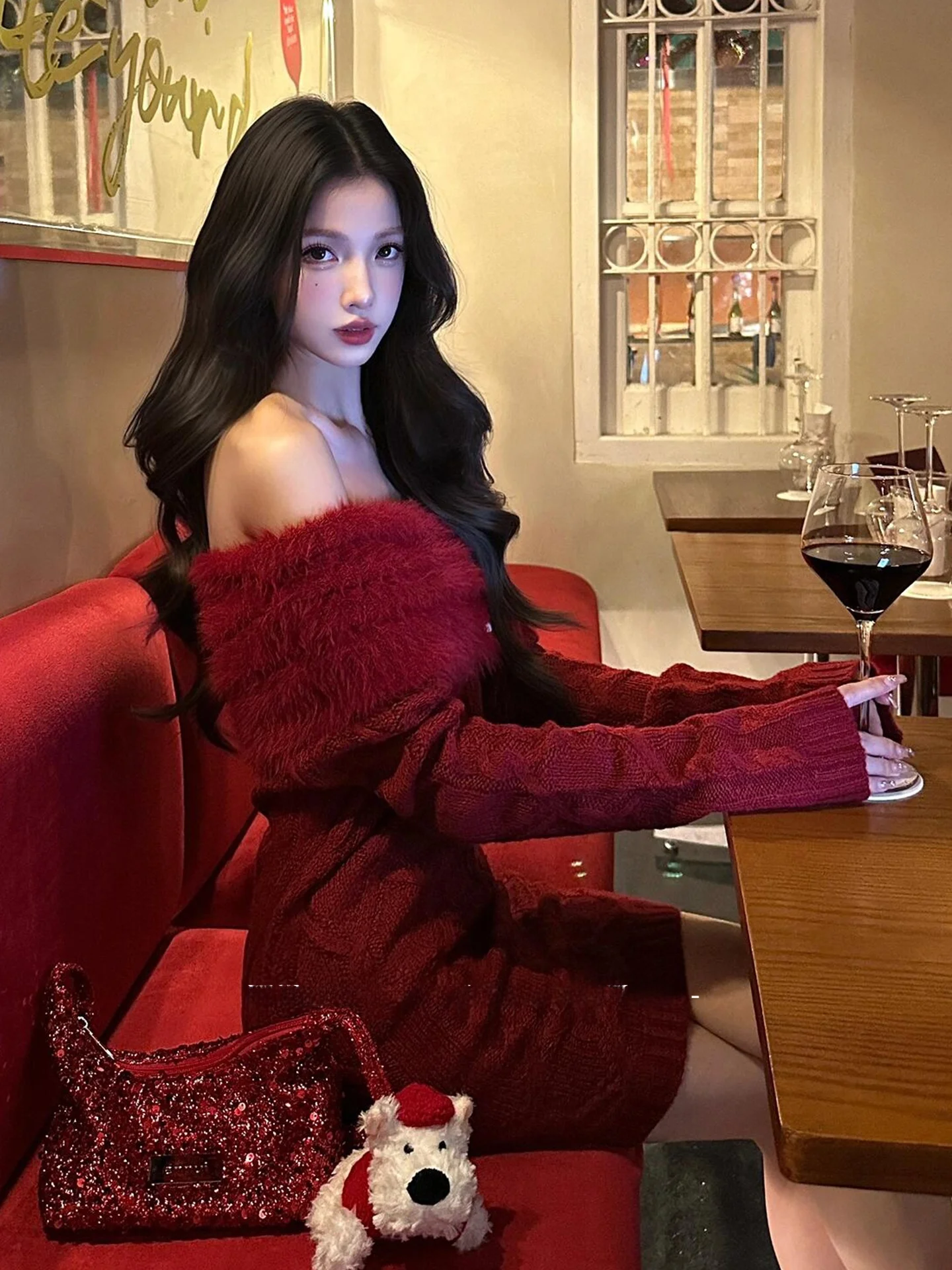 

Red Knitted One-oulder Dr Sexy Contouring Skirt High Waist Polyester Blend Summer Long Sve Zipper Closure H-ape