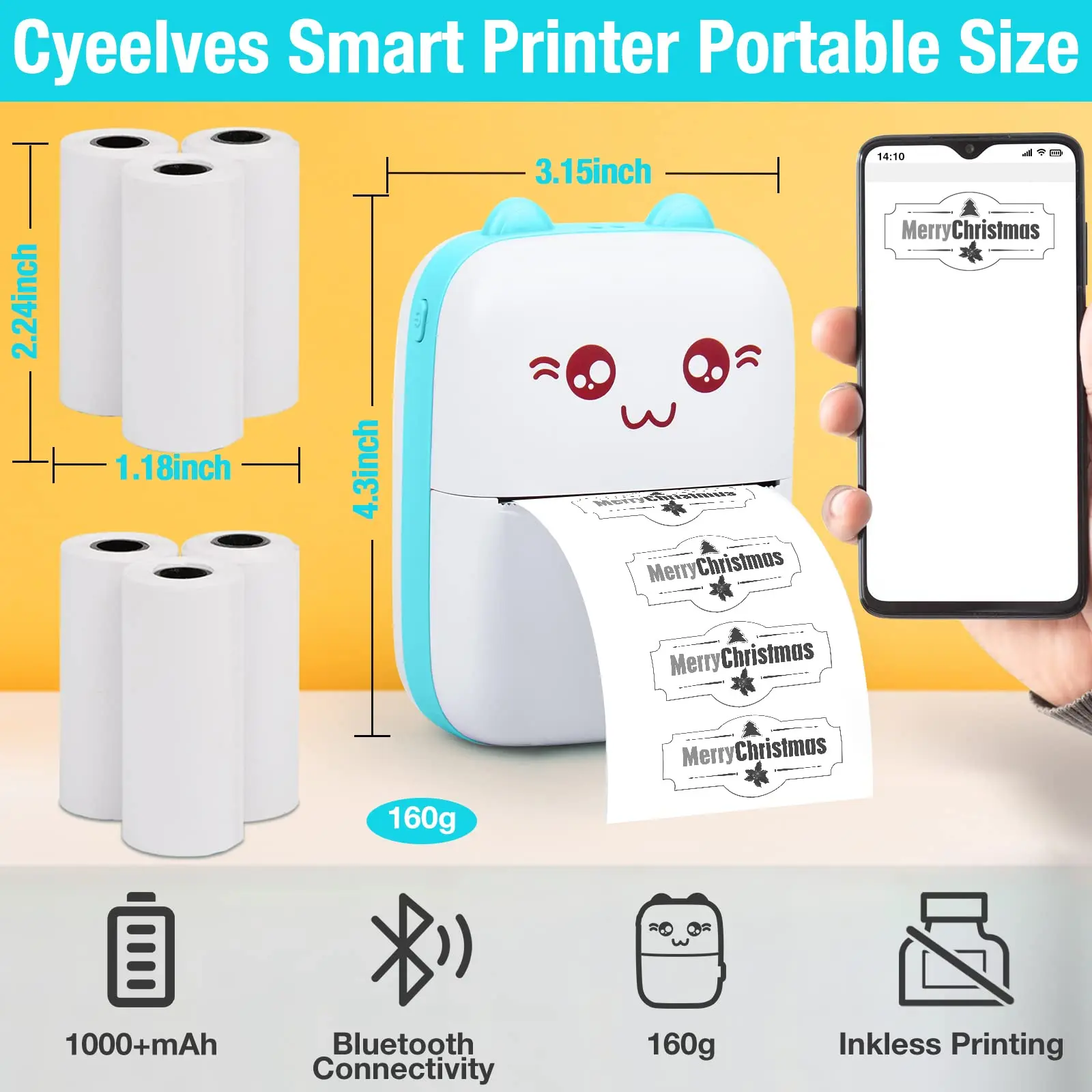 Mini Printer Portable, Pocket Thermal with 6 Rolls Paper Compatible iOS Android, Bluetooth Wireless Smart for Photo Pic