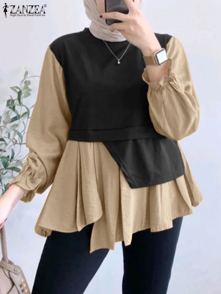 ZANZEA Fake Two-Piece O Neck Tunic Tops 2024 Fall Women Muslim Fashion Long Sleeve Blusas Mujer Asymmetrical Hem Islamic Blouses