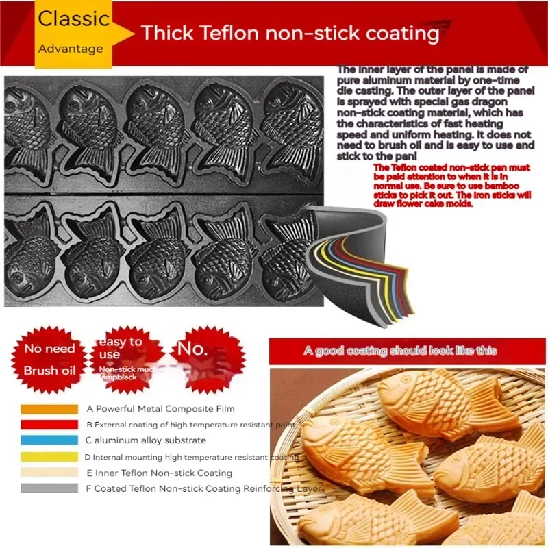 Taiyaki Maker Fish Waffle Machine Fish Cake Baking Machine 6 Pcs Red Bean Paste Fish Waffle Maker 3000W Non-stick Snapper roaste