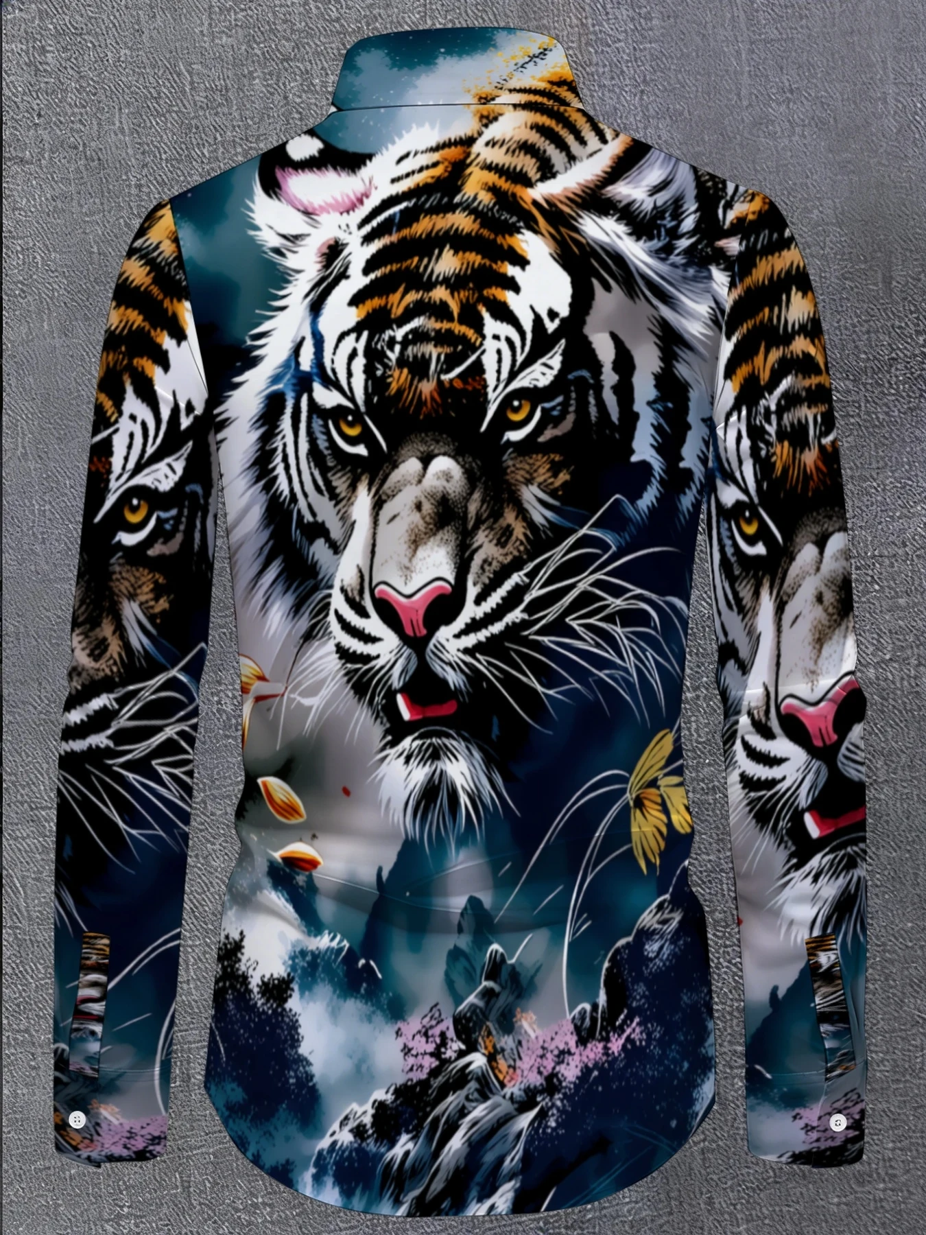 Men Long Sleeve Button Down Shirt Fierce Tiger Mountain Cherry Blossom Print Polyester Stand Collar Street Party