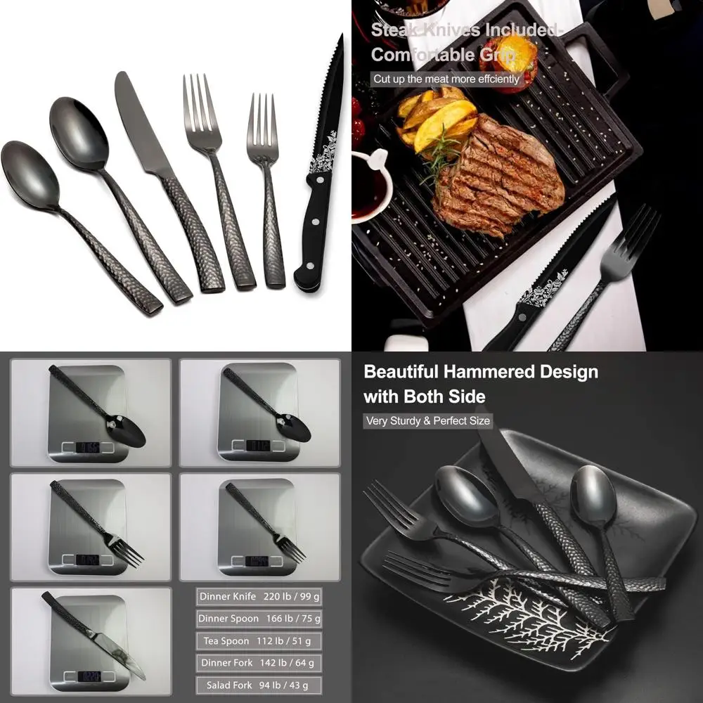 

Stainless Steel 8-Person Hammered Silverware Set with Steak Knives, Mirror Finish Dining Cutlery