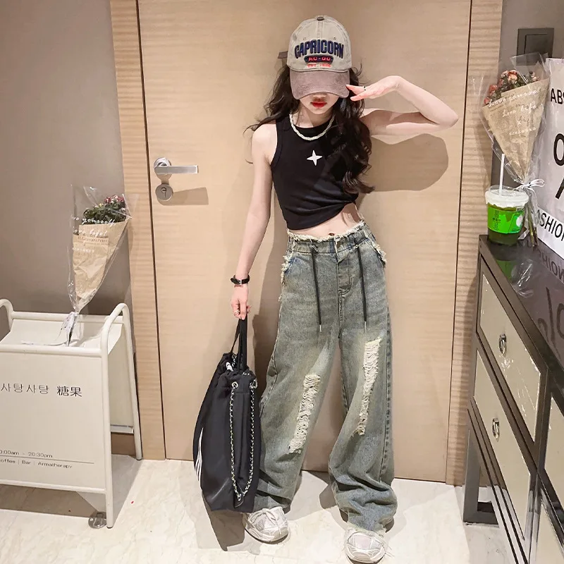 

Teen Girls Clothing Set Summer Thin Sleeveless Vest Ripped Jeans 2pcs Children Costumes Wide Leg Pants Streetwear Kids Outfits