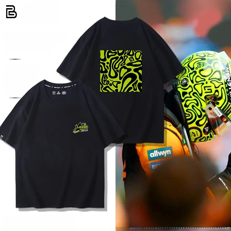 マクラーレン-f-チーム-ランド-ノリス-ヘルメット柄-ピュアコットン-半袖-tシャツ-ソフトで快適なカジュアルスタイル-ラウンドネックトップ