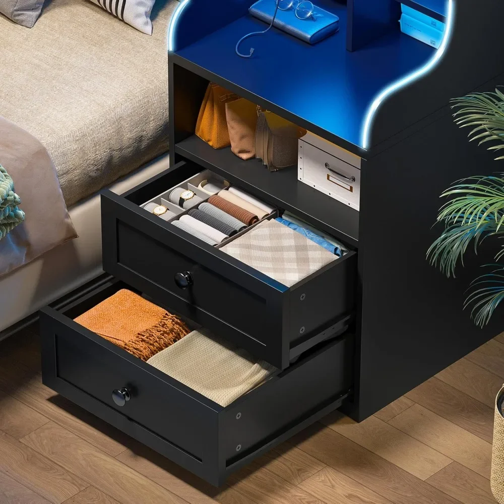 

Tall Nightstand with LED Lights and Charging Station Black Nightstand with 2 Drawers & Shelves Large LED Bedside Table