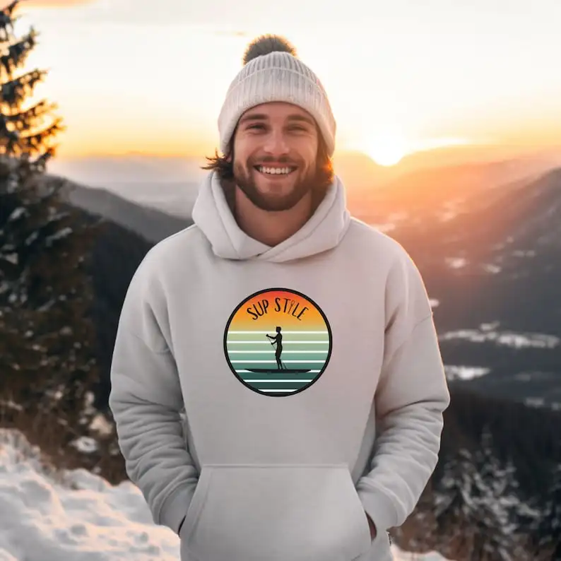 

Mens SUP Style Logo Hoodie, Stand Up Paddle Boarding Top, Men SUP‘Ｓ’ Hoody Gift, Mens Hoodie, Designs, Sunset design