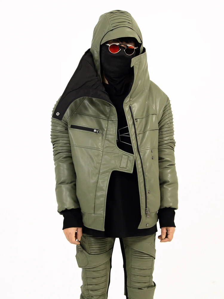 Wasteland Asymmetric Slim-Fit Thickened Detachable Hooded Leather down Jacket High Street Men & Women Trendy Coat Green jacket