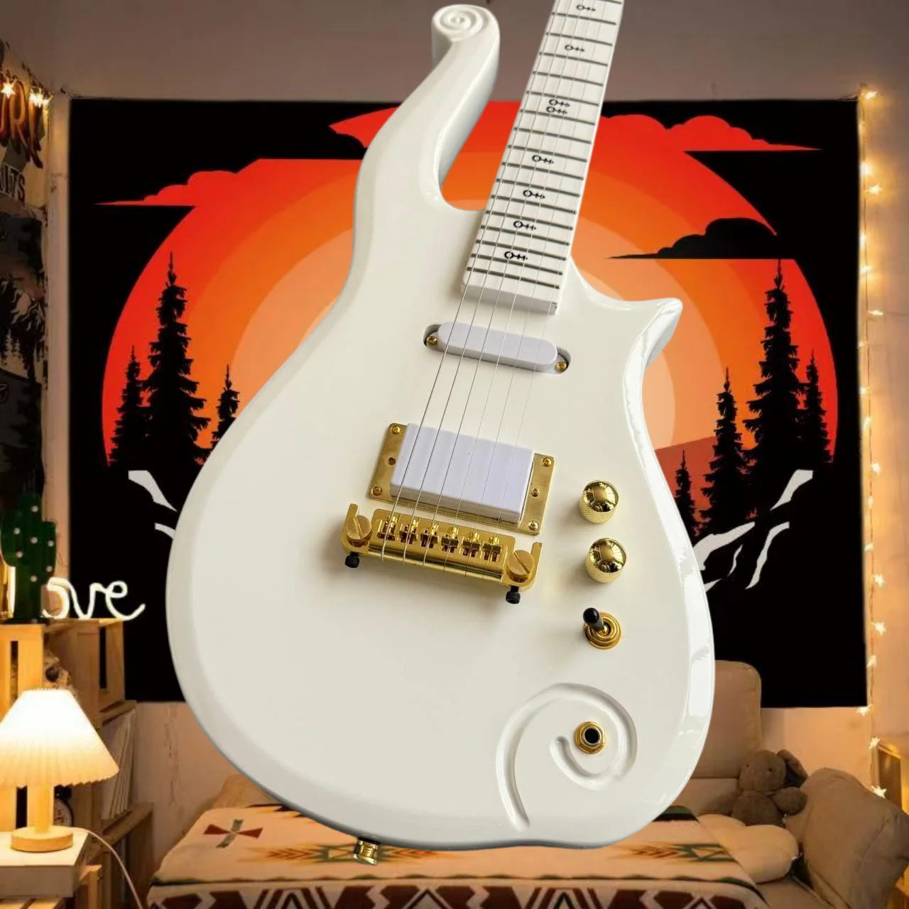 Hot sale  Guitar High Gloss Milk White Peach Blossom Heart Body Cloud Shaped Spiral Winding Pattern Beginning End Beginner