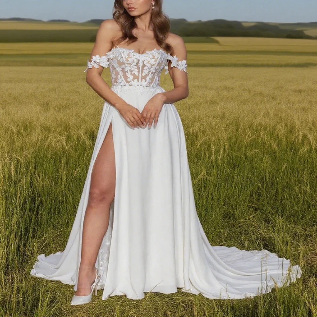 

Customized style A-shaped lace illusion wedding dress - charming neckline bridal formal gown