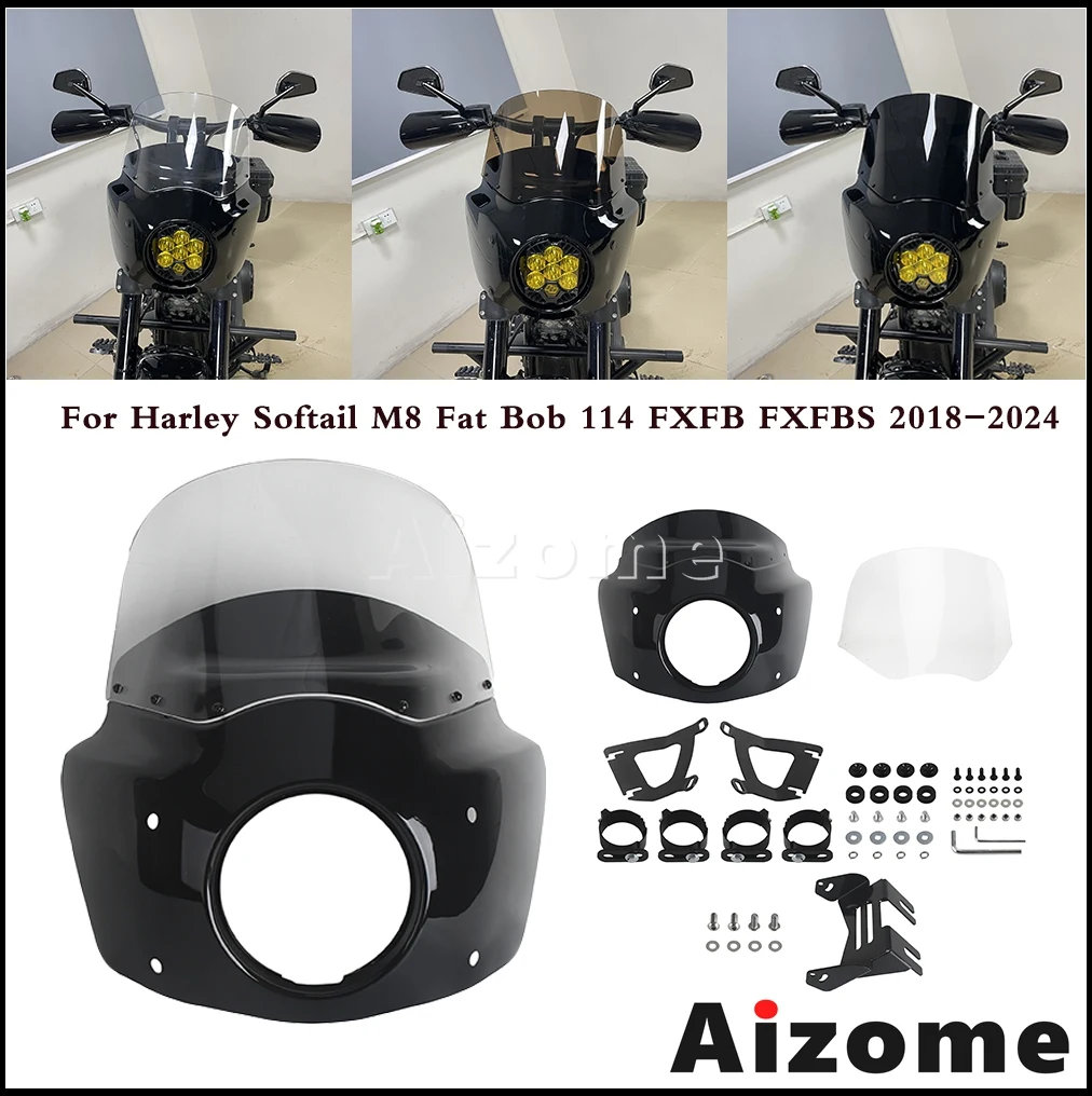 For Harley Softail Fat Bob FXFB FXFBS 2018-2024 Motorcycle Headlamps Fairing Windshield For Baja Designs LP6 Light Bracket Black