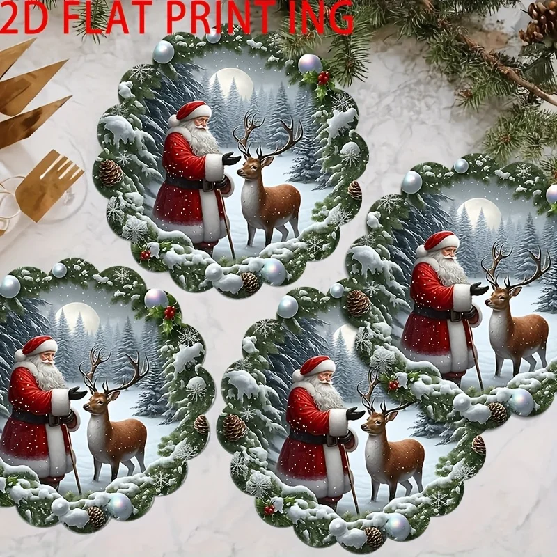 VIKAMA Round Blue Santa Claus Placemats, Non Slip Heat Resistant Circular Xmas Holiday Family Dinner Table Mats Decor