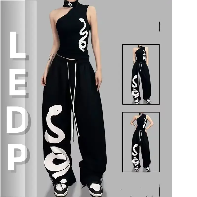 IMU Y2K Street Dance Women's Black hip-hop loose waist large print graffiti sweatpants street jazz dance pants