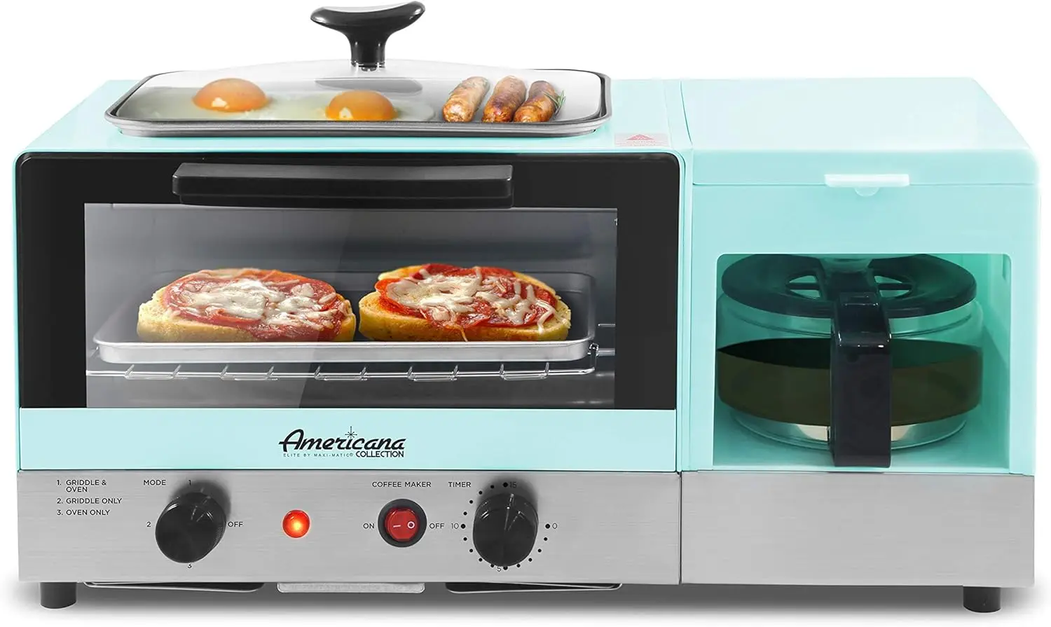 2-Slice Toaster Oven with 9.5-Inch Griddle & Glass Lid, 3-in-1 Breakfast Center Station, Built-In 4-Cup Coffeemaker, 15-Minute T