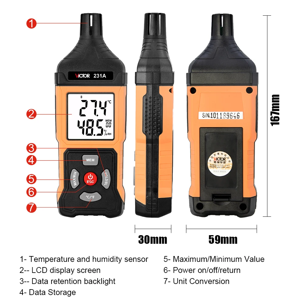Victor 231/231A Temperature Humidity Meter With Bluetooth Function -25°C-75°C 0-99.9%RH Handheld Smart Temperature Sensor