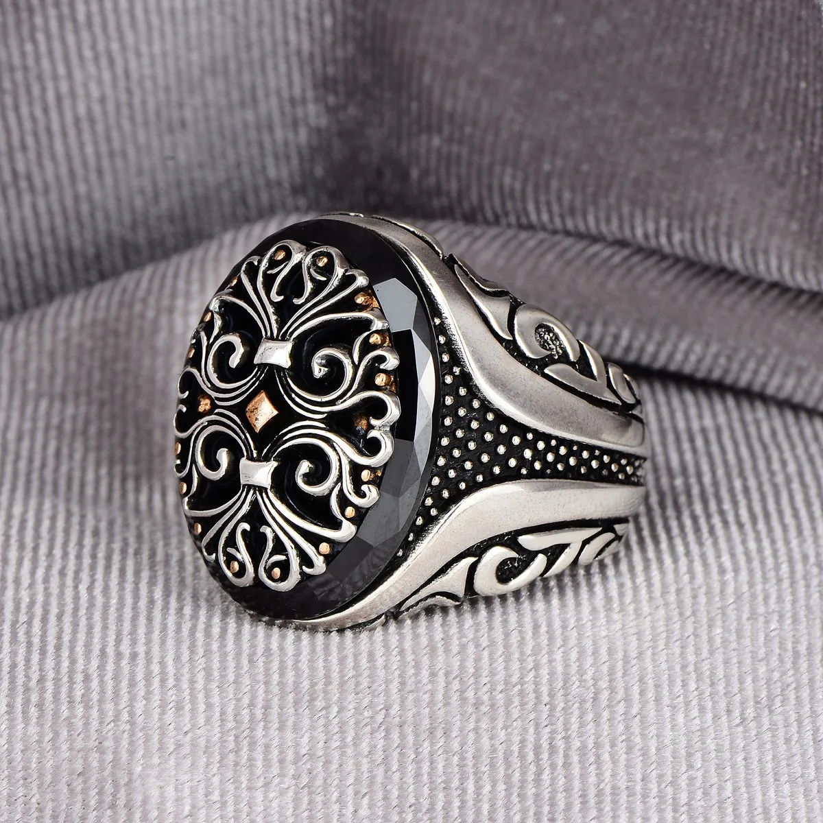 Men Handmade Ring , Ottoman Style Ring , Black Seremic Stone Ring , Embroidered Men's Ring , 925k Sterling Silver Ring