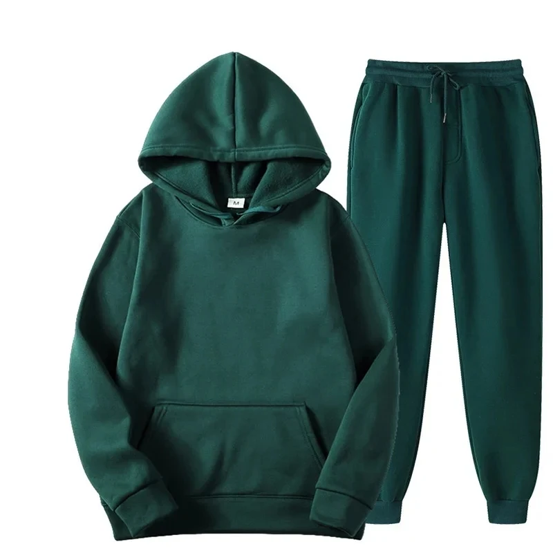 Unisex Solid Color Fleece Tracksuit 2-Piece Set Thick Pullover Long Pant Autumn Casual Jogger Sports Men Women Tracksuit Hoodies