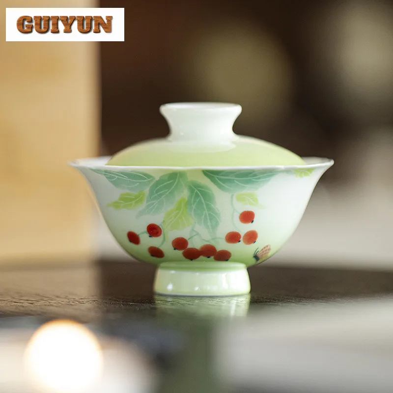 

100ml Hand-painted Cherry High Foot Flower Mouth Gaiwan Traditional Tea Tureen Tea Bowl With Lid Kit Tea Brewing Cover Bowl For