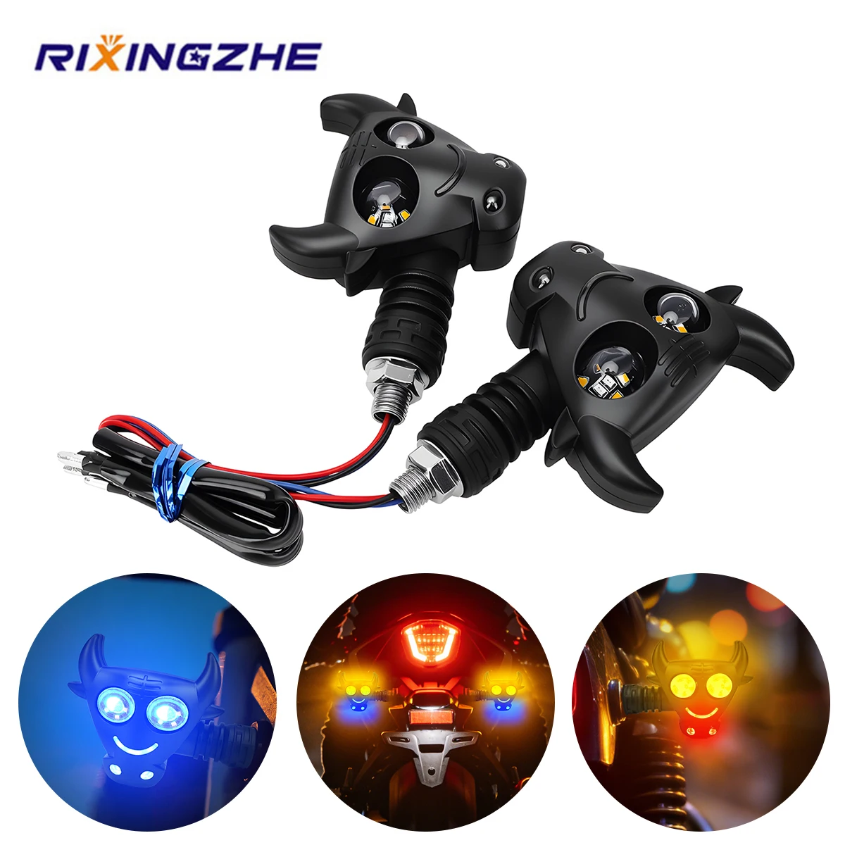 

Motorcycle Bull Head Shape LED Turn Signal Light Dual Color Flash Warning Lamp High Brightness Daytime Running Light 12V