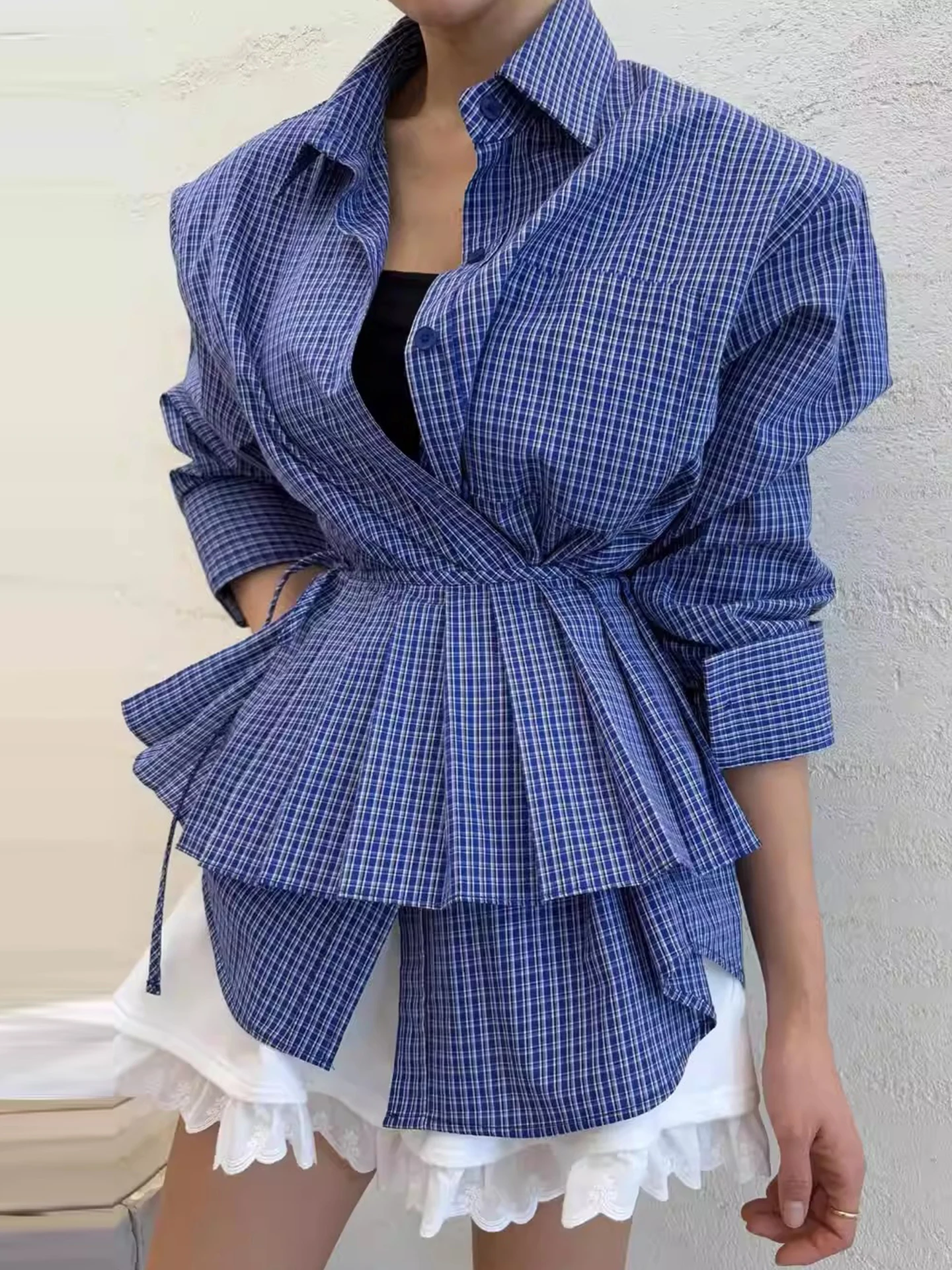 

Retro Style Checkered Shirt Women's Spring New Pleated Skirt Waist Design Top Korean Version Loose Fit Long Sleeve Blouse