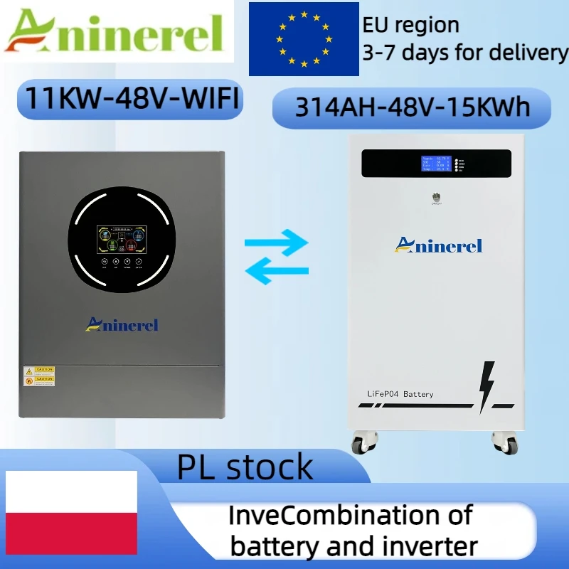 Batteria Lifepo4 Aninerel 48V 314Ah 15Kwh Con Bms Integrato, 6000 Cicli, Inverter Solare Ibrido 11KW 48V, Display Lcd A Colori, Mppt 160A, Wifi