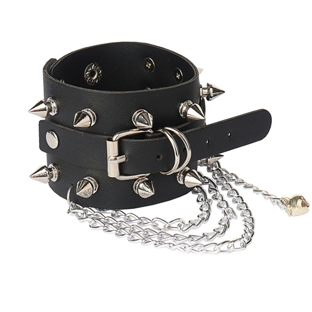 80s Gothic Punk PU Leather Studded Spikes Rivet Bell Wide Cuff Bracelet Bangle Chains Buckle Wristband for Women Jewelry Gift