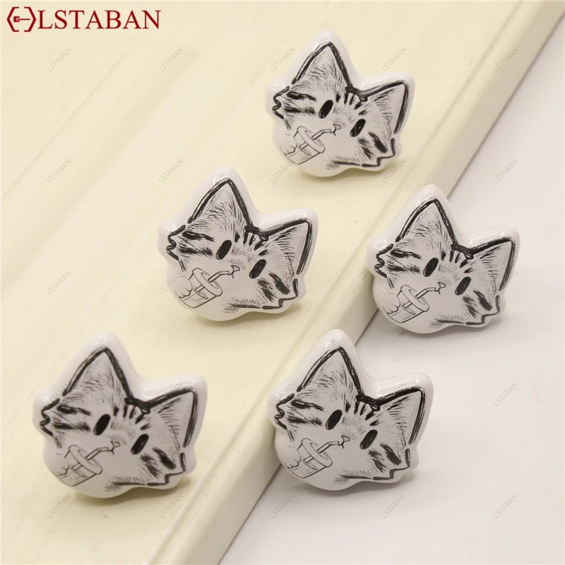 Sketch Cat Shape Ceramic Drawer Knob Single Hole Furniture Door Handle Children Room Kitchen Cabinet Door Pull Hardware Handle