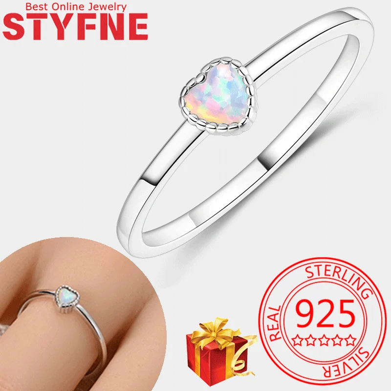 

Real 925 Sterling Silver Love Heart Opal Rings For Women Wedding Jewelry Gifts with GIFT BOX