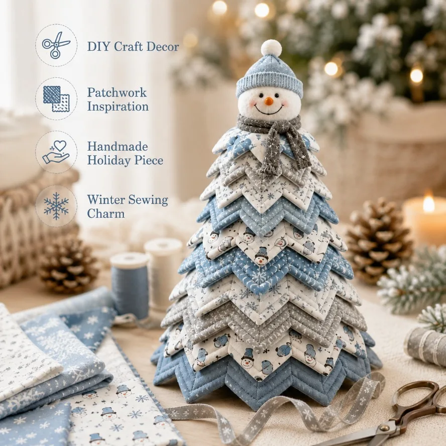 Snowman Christmas Tree Quilting Kit, 3D Handmade Blue And Fabric Desktop Tree with Snowman Tree Top Decoration, Layered Winter Patchwork Sewing Craft, Suitable for Adults