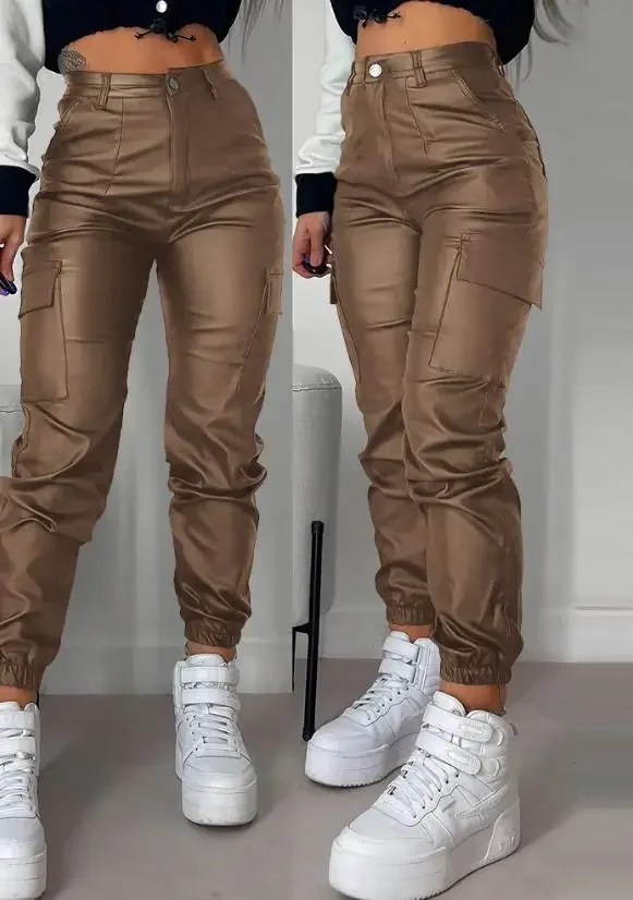 Women's Cargo Pants 2024 Fashion Street Trends Pocket Design Cuffed Y2k Tight PU Leather Trousers Autumn High Waist Pant Female