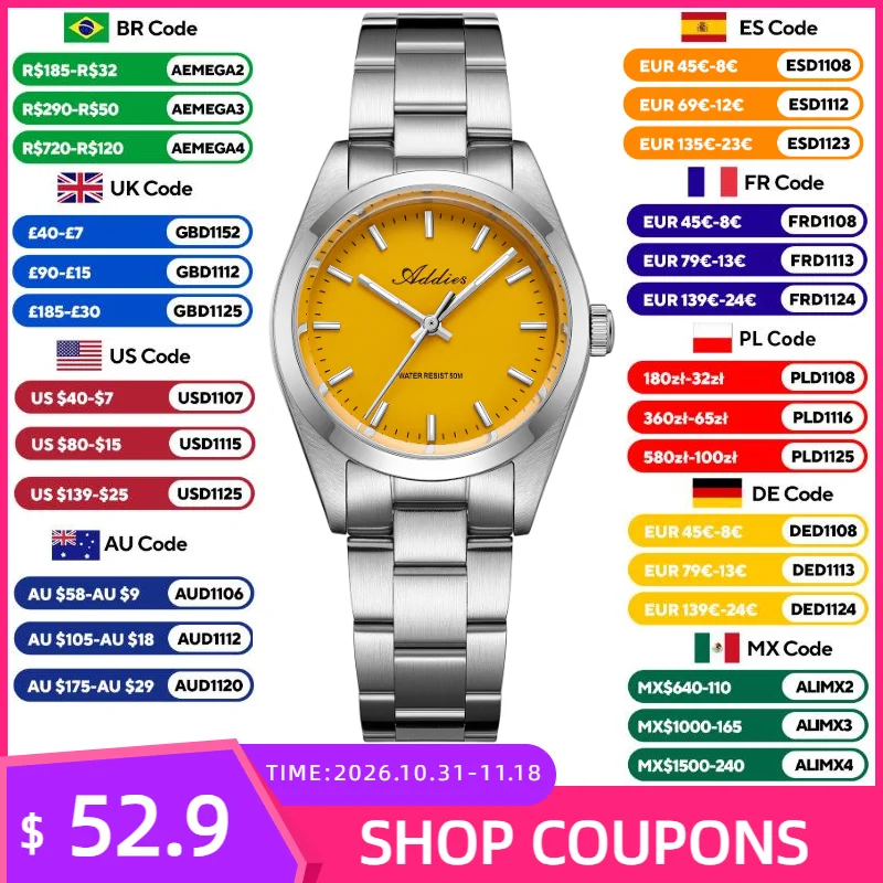 ADDIES Women's Watch 31mm Stainless Steel Quartz Watch Sapphire Crystal 50M Waterproof Japan 2035 Movement Luminous Dress Watch