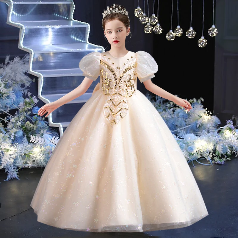 Girls' Sequin Bubble Sleeves Princess Dress 5-14 Years Old Bow Embroidered Puffy Dress Banquet Host High end Evening Dress