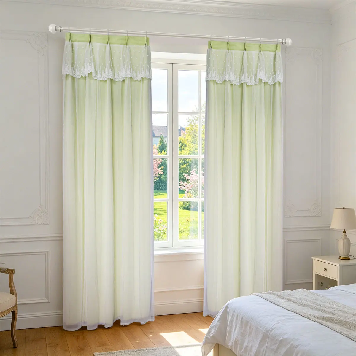 Light Green Double Layer Curtains 2 Panels, Pre-Fixed Korean Pleat Star Lace Valance Medium Shading Window Drapes