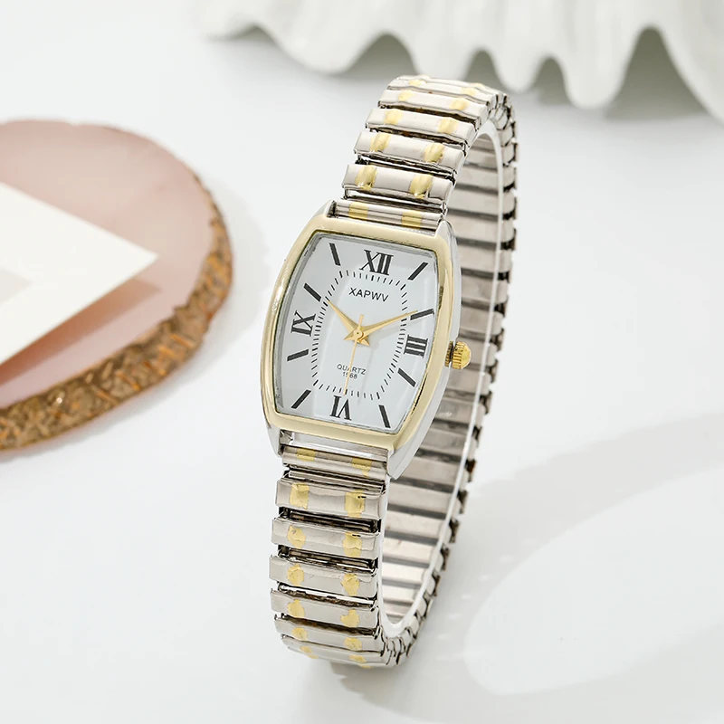 ساعة كوارتز عصرية بسيطة وأنيقة على شكل برميل للنساء بسوار مطاطي ريترو للنساء