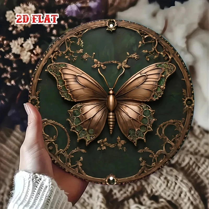 2D Flat, 2D Flat 1-Piece Vintage Metal Sign, Steampunk Style Butterfly Decoration, Featuring Gorgeous Wings, Delicate Vines, and Gears, in Warm Brown